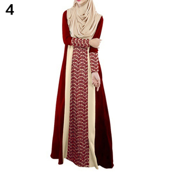 Bluelans Muslim Arab Jilbab Abaya Islamic Ethnic Lace Splicing Long Sleeve Maxi Dress L (Red) - intl  