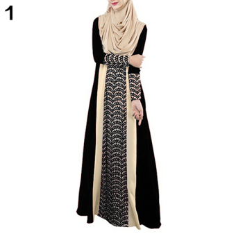 Bluelans Muslim Arab Jilbab Abaya Islamic Ethnic Lace Splicing Long Sleeve Maxi Dress L (Black) - intl  