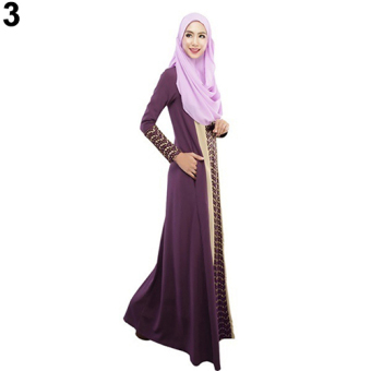 Bluelans Muslim Kaftan Arab Robe Abaya Islamic Lace Stitching Long Sleeve Maxi Dress L (Purple) - intl  
