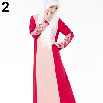 Bluelans Women Ethnic Abaya Muslim Islamic Lace Splicing Long Sleeve Zip Maxi Dress L (Red) - intl  