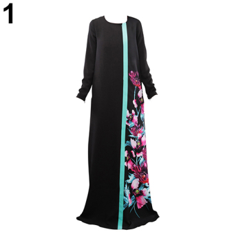 Bluelans Women Floral Print Kaftan Abaya Jilbab Islamic Muslim Long Sleeve Maxi Dress L (Black) - intl  