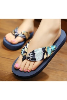 Bohemia Floral Beach Sandals Wedge Platform Thongs Slippers Flip Flops (Blue Leaves)  