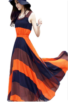 Bohemian Style Women Chiffon Dress Striped Beach Maxi Dress Orange  