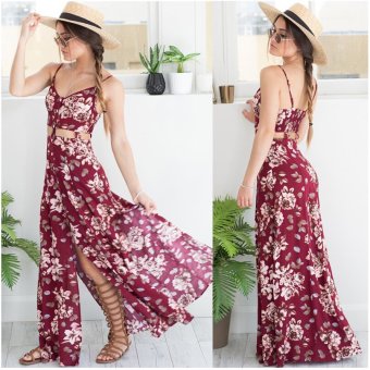 Bottom Long Dress Sexy printed V-Neck Skirt Sling Dress Holiday Skirt - intl  