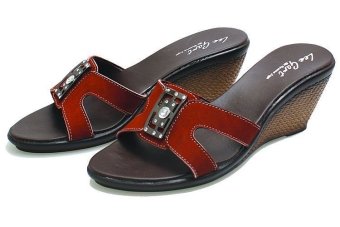 BSM Soga BHE 157 Sandal High Heels Wedges Wanita Kulit Asli Elegan - Coklat Kombinasi  