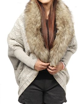 C1S Faux Fur Cardigan Knitwear Sweater Cape Outwear (Beige) - intl  