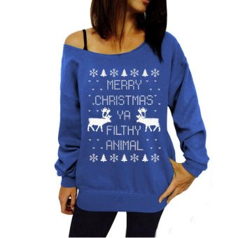 C1S Letter Animal Print Loose Pullover Hoodie Sweatershirt (Blue) - intl  