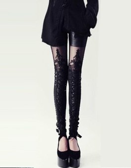C1S Synthetic Leather Stitching Embroidery Bundled Hollow Lace Leggings Pantyhose (Black) - intl  