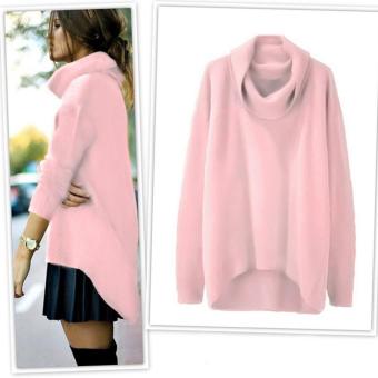 C1S Turtleneck Solid Asymmetrical Hem Pullover Sweater(Pink) - intl  