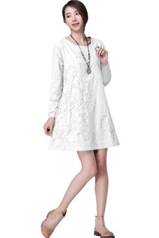 Casual Long Sleeve Embroidered Women's Autumn Loose Cotton and Linen Shift Dress Size M White  