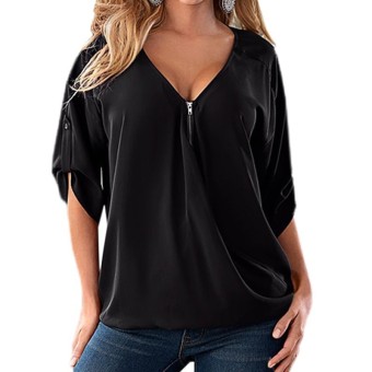 Casual Loose Half Sleeve Blouses Femininas Chiffon Blusas Plus Size S-4XL Fashion Womens Zipper V Neck Sexy Shirts Black (Intl)  