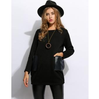 Casual Women O-Neck Long Sleeve Patchwork Pocket Long Loose Knitted Pullover Blouse (Black) - intl  