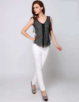 Casual Women Sexy V Neck Chiffon Patchwork Stripped T-shirt  