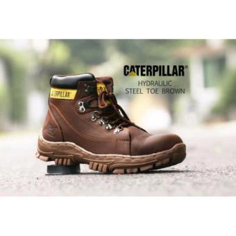 Caterpillar Boots Safety Ujung Besi Kulit Asli Warna Hitam Coklat Tan Sepatu Tracking Kerja Pria  