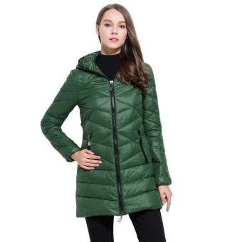 Chic Hooded Long Sleeve Pocket Design Pleat Pure Color Women Down Jacket(GREEN)(Size:L)(Int:XXL) - intl  