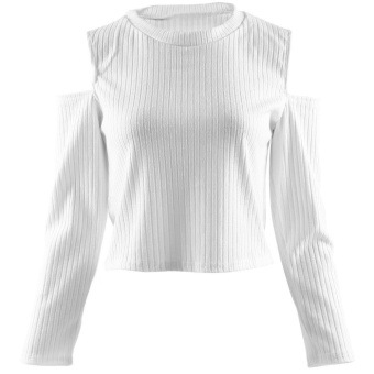 Chic Jewel Neck Long Sleeve Cut Off Pure Color Knitted Sweater for Women(WHITE)(Size:XL)(Int:S) - intl  