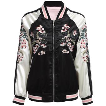 Chic Stand Collar Floral Embroidery Baseball Jacket for Women(BLACK AND PINK) - intl  