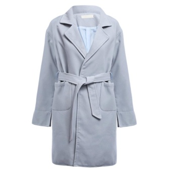 Chic Turn-down Collar Long Sleeve Pure Color Women Woolen Overcoat with Belt(ICE BLUE)(Size:XL)(Int:S) - intl  