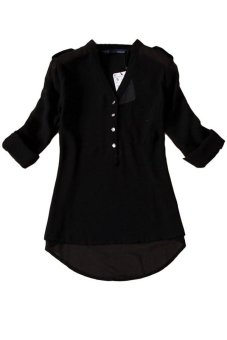 Chiffon Deep V Neck Buttons Down Adjustable Sleeves T-Shirt (Black)  