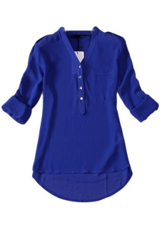 Chiffon Deep V Neck Buttons Down Adjustable Sleeves T-Shirt (Blue)  