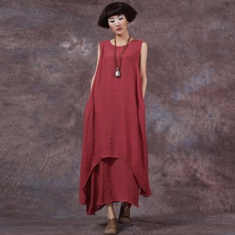Chinese Style Fashion New Womens Casual Loose Dress Cotton Linen Dresses Long Maxi Vestidos Plus Size Femininas (Maroon) - intl  