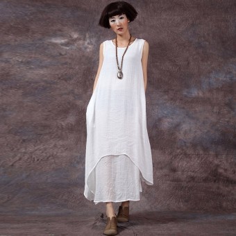 Chinese Style Fashion New Womens Casual Loose Dress Cotton Linen Dresses Long Maxi Vestidos Plus Size Femininas (Off White) - intl  