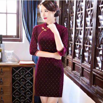 Chinese Traditional Slim Velvet Cheongsam Dress Mid Sleeve Short Qipao Daily Casual Dress - intl  