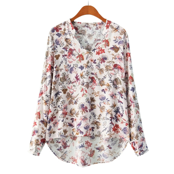 Cocotina Vintage Floral Print Women's Long Sleeve T-shirt Blouse V-neck Casual Tops (White)  