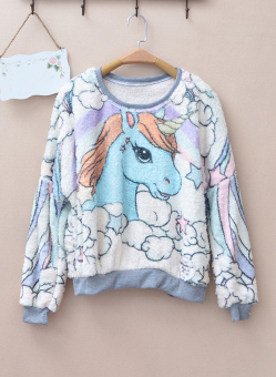 Colorful Clouds & Unicorn Print Fluffy Sweatshirt - intl  