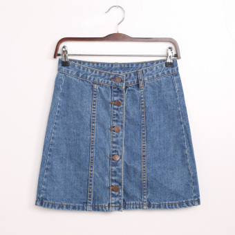 Cotton High Waist Single-breasted Short Denim Skirt Fashion Slim Package Hip A-line Skirts (Dark-blue) - Intl - intl  