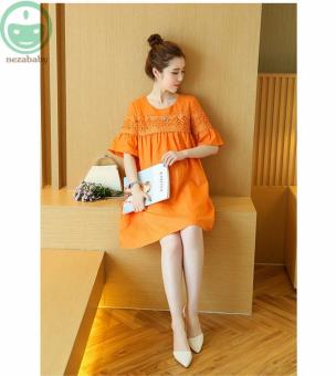 Cotton Linen Orange Dresses for Pregnant Women Short Sleeve Dress Maternity Clothes o Neck Maternity Dresses lace Patchwork Dress BB126 - intl  