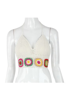 Crochet Bralette Knit Lace Bra Halter Crop Cami Tank (White)  