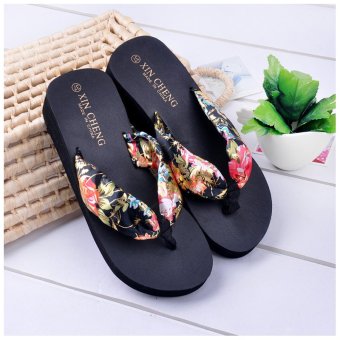 Cute 1x Pair Ladies Flip Flops Printing Black Sandals Thongs  