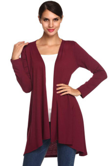 Cyber Acevog Lady Women Casual Open Neck Long Sleeve Asymmetric Hem Loose Cardigan Coat (Wine Red)  