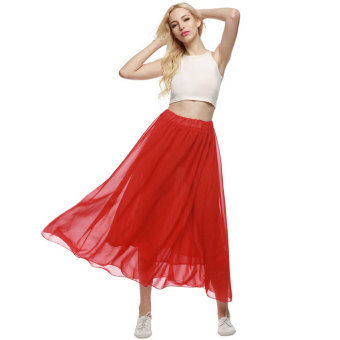 Cyber ACEVOG Retro Women Full Length Elastic Pleated Chiffon Maxi Long Casual Beach Skirt Solid(red)  