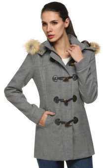 Cyber ACEVOG Women Bodycon Plaids Detachable Faux Fur Hooded Long Solid Slim Wool Blend Coat Outerwear Overcoat ( Grey )  