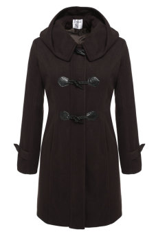 Cyber Angvns Women Winter Casual Hooded Horn Button Zip Wool Blend Coat Outwear ( Brown )  