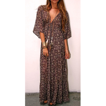 Cyber Beachwear Retro Women Floral Plunging V-neck 3/4 Sleeve Long Chiffon Dress (Size:S) - intl  