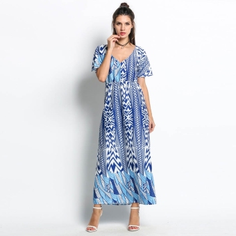 Cyber Bohemian Style V-Neck Batwing Short Sleeve Print Long Maxi Beach Dress ( Blue ) - intl  