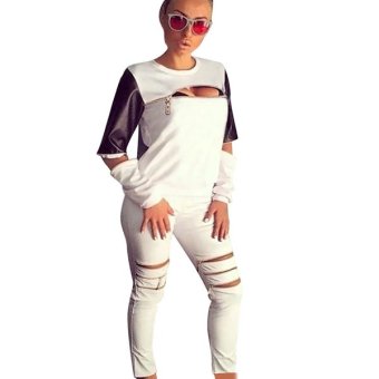 Cyber Casual Sports Two Piece Set Zipper Sweatshirt Pants Set Casual Sweat Suit (White)  