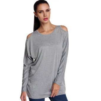 Cyber Casual Women Tops O-Neck Off Shoulder Long Sleeve Loose Long Solid Blouse Tops (Grey)  