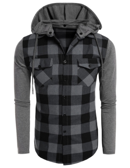 Cyber COOFANDY Men Fashion Hooded Long Sleeve Plaid Patchwork Button Down Casual Shirts ( Black ) - intl  