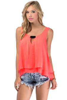 Cyber Fashion Sleeveless Pure Color Elastic Collision Adornment Chiffon Double Vest Top (Pink)  