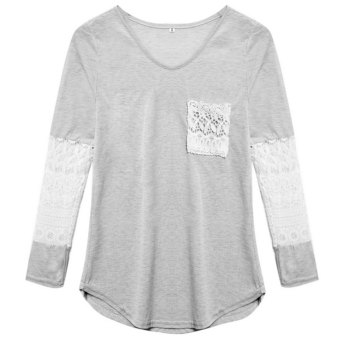 Cyber Fashion Womens Ladies Casual Lace Patchwork Pocket Sleeve T-Shirt Blouse (Grey)  