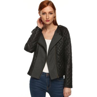 Cyber Finejo Spring/ Autumn Women Collarless Long Sleeve Plaid Patchwork Side Zip Jacket ( Black )  