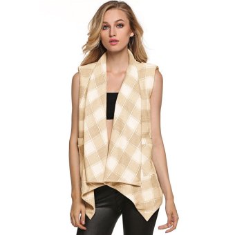 Cyber FINEJO Stylish Women Vest Plaid Lapel Irregular Padded Pockets Open Front Waistcoat Coat slim long coat S~ XXL 3 colors (Brown) - Intl  