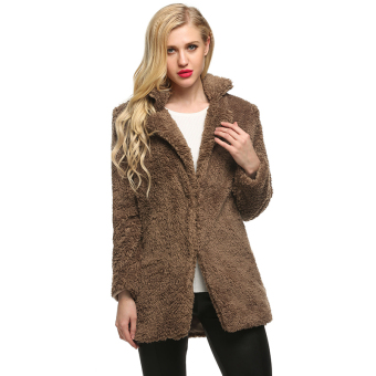 Cyber Finejo Women Casual Fluffy Faux Fur Warm Solid Long Straight Coat Jacket Outerwear Overcoat ( Khaki )  