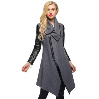 Cyber Finejo Women Lapel Long Sleeve Zip-up Faux Leather Patchwork Irregular Hem Wool Blend Coat Outwear (Grey)  