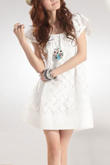 Cyber Flower Lace Net Mini Dress (White)  