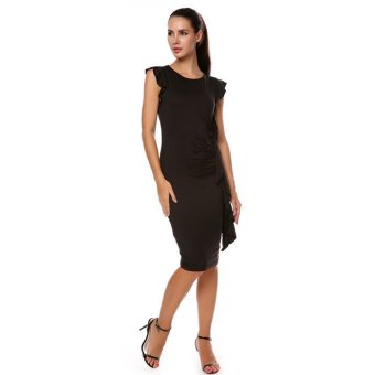 Cyber Hot Fashion Lady Women's Lotus Sleeve O-Neck Front Pleated Elegant Dress(black)  